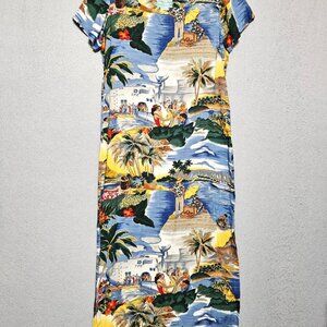 Reyn Spooner Hawaiian Maxi Dress 50s Retro Souvenir Print Honeymoon (Bust 38)